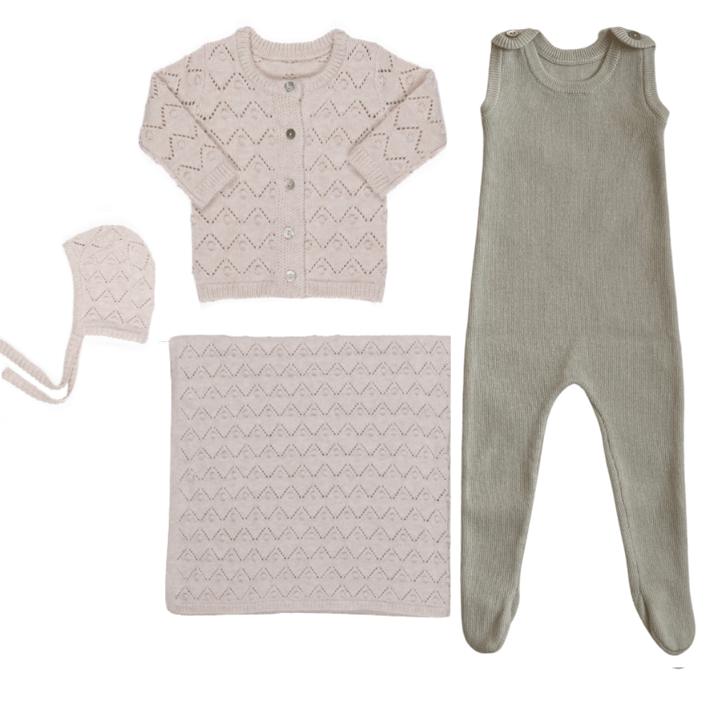 Kipp Rib Knit Overalls, Chunky Pointelle Cardigan & Bonnet W Blanket - Pink Kipp Rib Knit Overalls, Chunky Pointelle Cardigan & Bonnet W Blanket - Pink