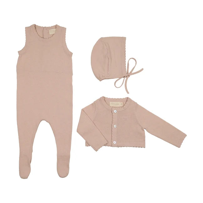Peluche Knit Footie, Cardigan & Bonnet - Rose