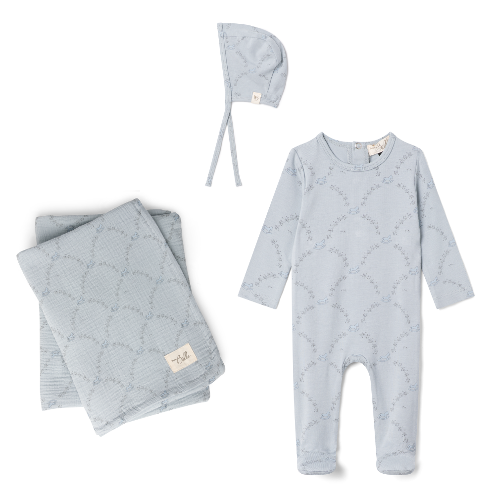 Bebe Bella All Over Rocking Horse Print Layette Set - Blue Mist