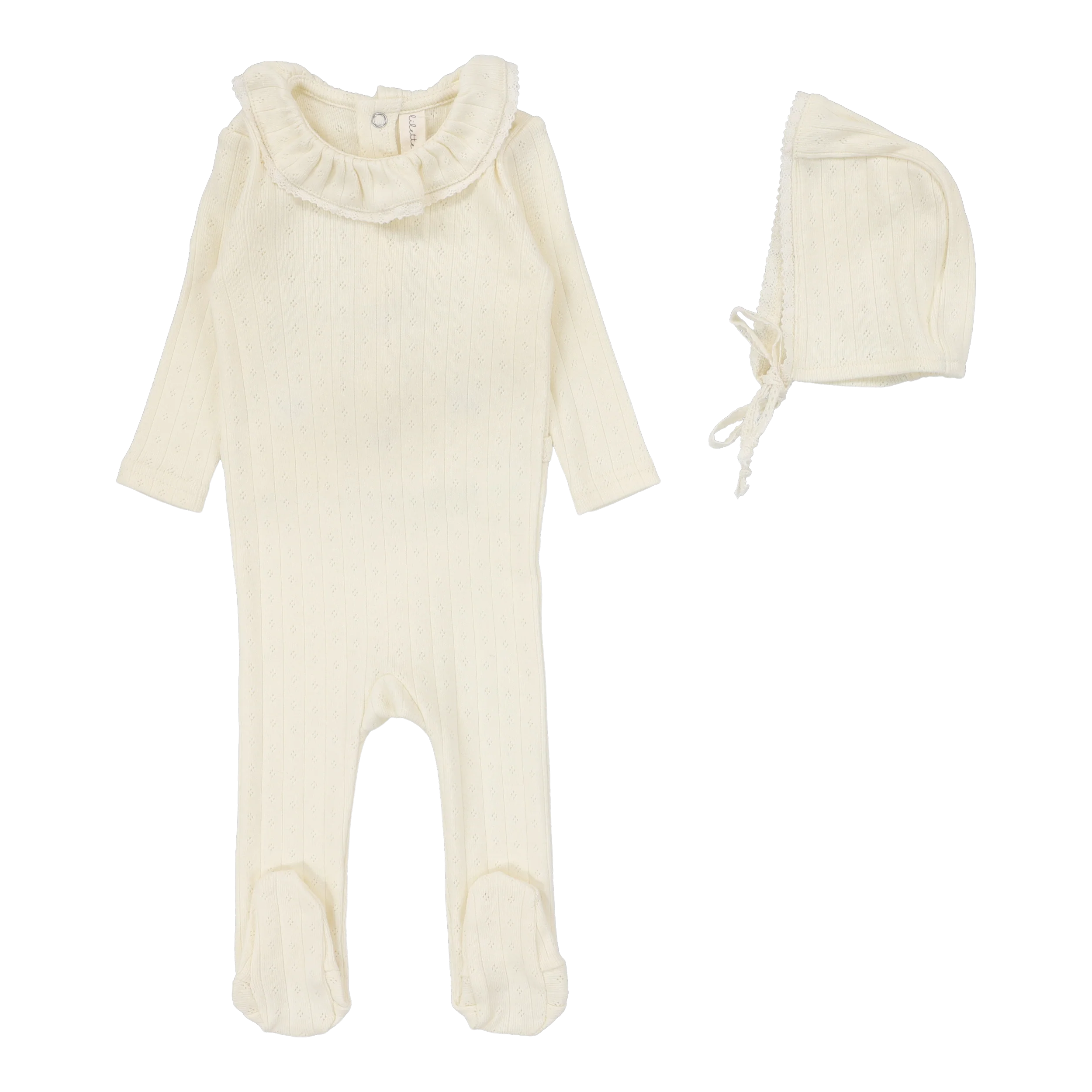 Lilette Fine Pointelle Collar Footie & Bonnet SS26 - Cream Ruffle