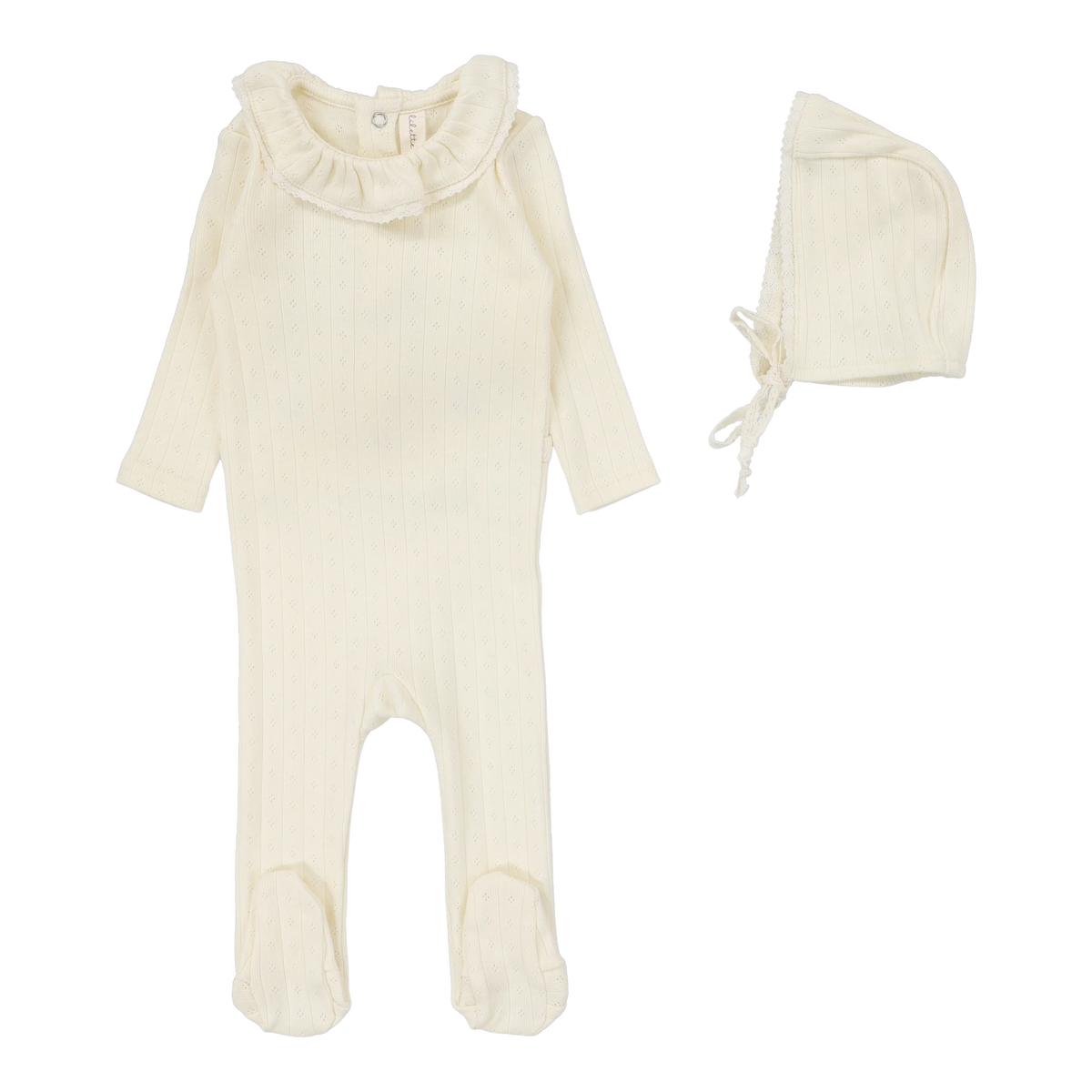 Lilette Fine Pointelle Collar Footie & Bonnet SS26 - Cream Ruffle