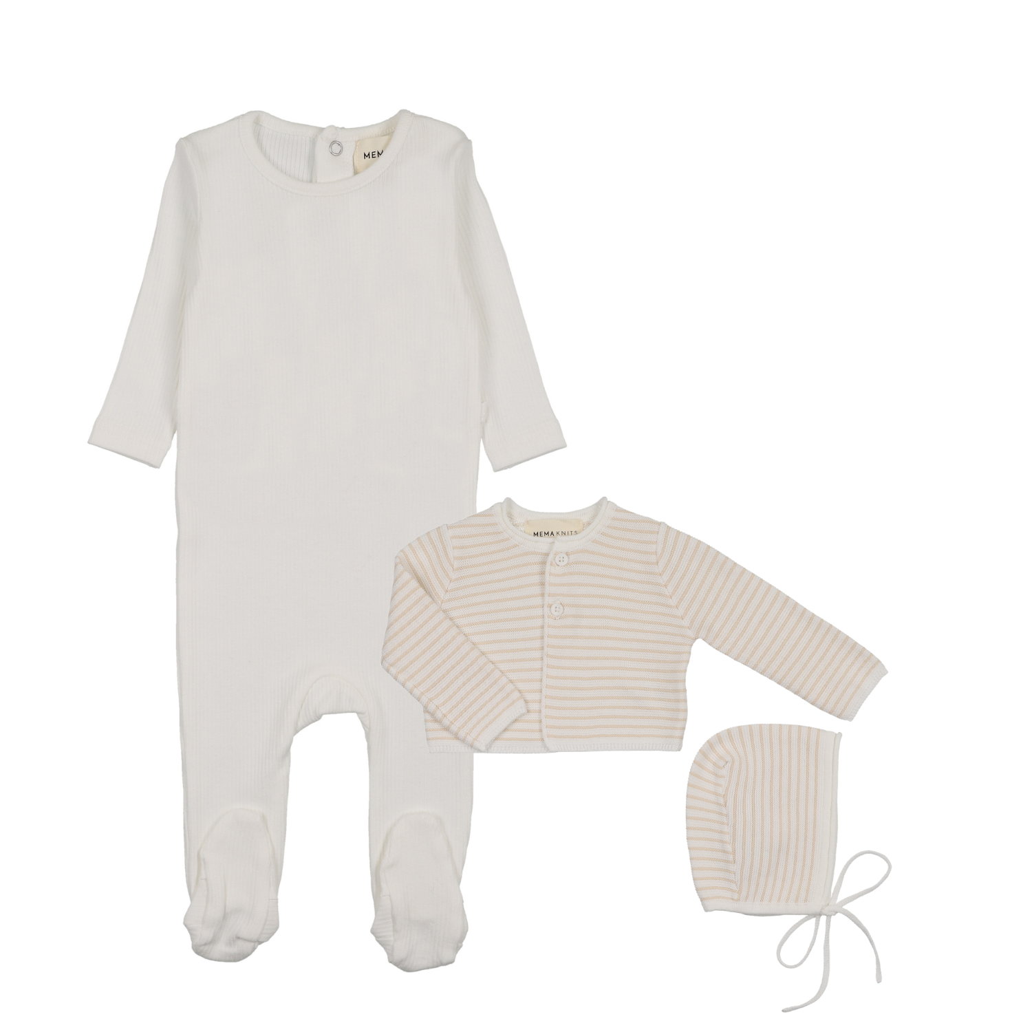 Mema Knits Ribbed Base Footie, Cardigan & Bonnet - White/Sand Stripes