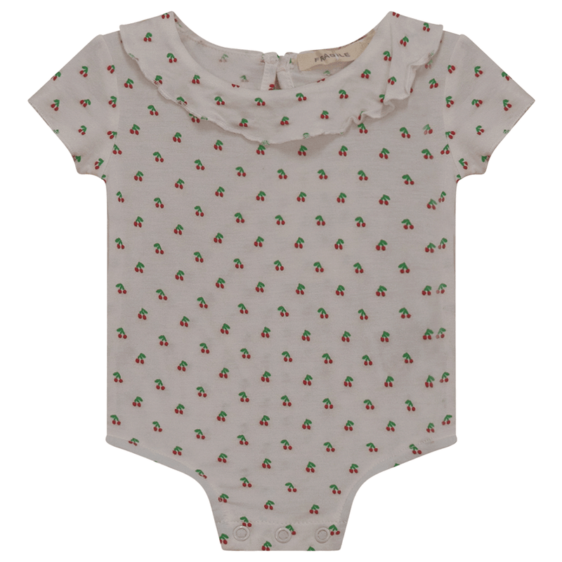 Fragile Baby Girl Short Cherry Printed Onesie with Ruffle Collar