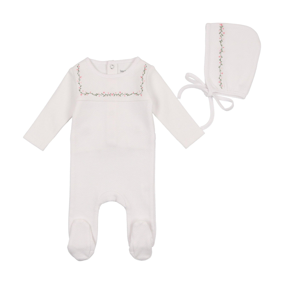 Bee & Dee Embroidered Linen Pointelle Collection Footie with Bonnet